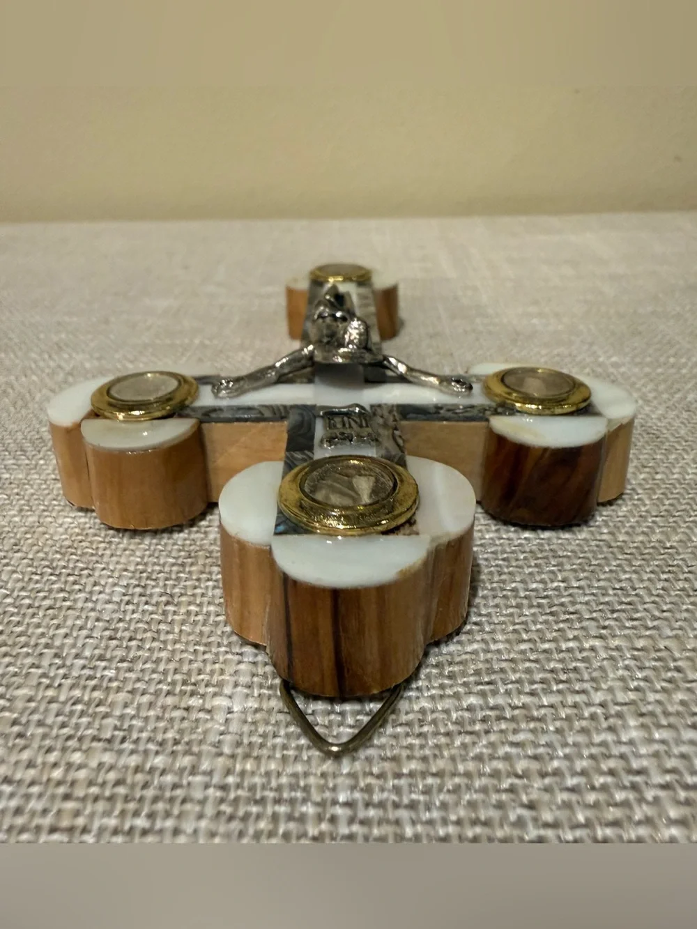 Vintage Jerusalem Olive Wood Mother of Pearl Abalone Crucifix Relic Wall Cross